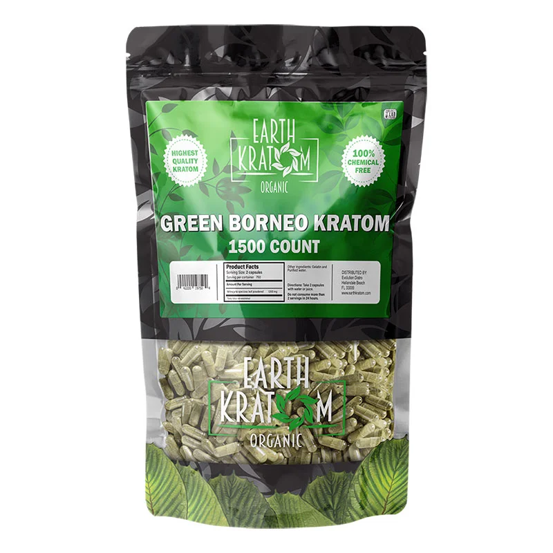 EARTH KRATOM Kratom Capsules 1500ct / Kilo Green Borneo Kratom Capsules