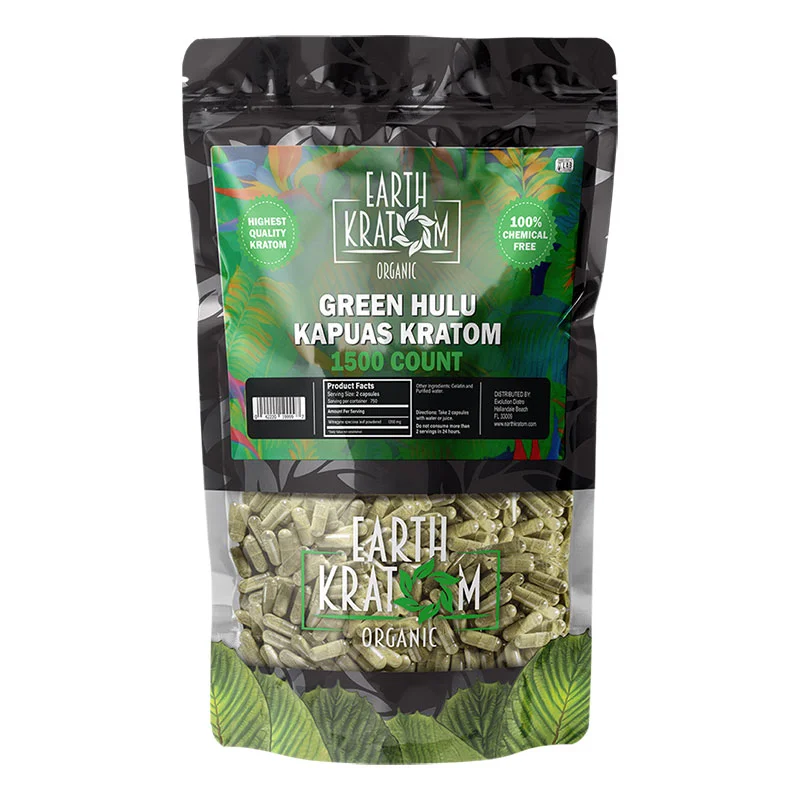 EARTH KRATOM Kratom Capsules 1500ct / Kilo Green Hulu Kratom Capsules