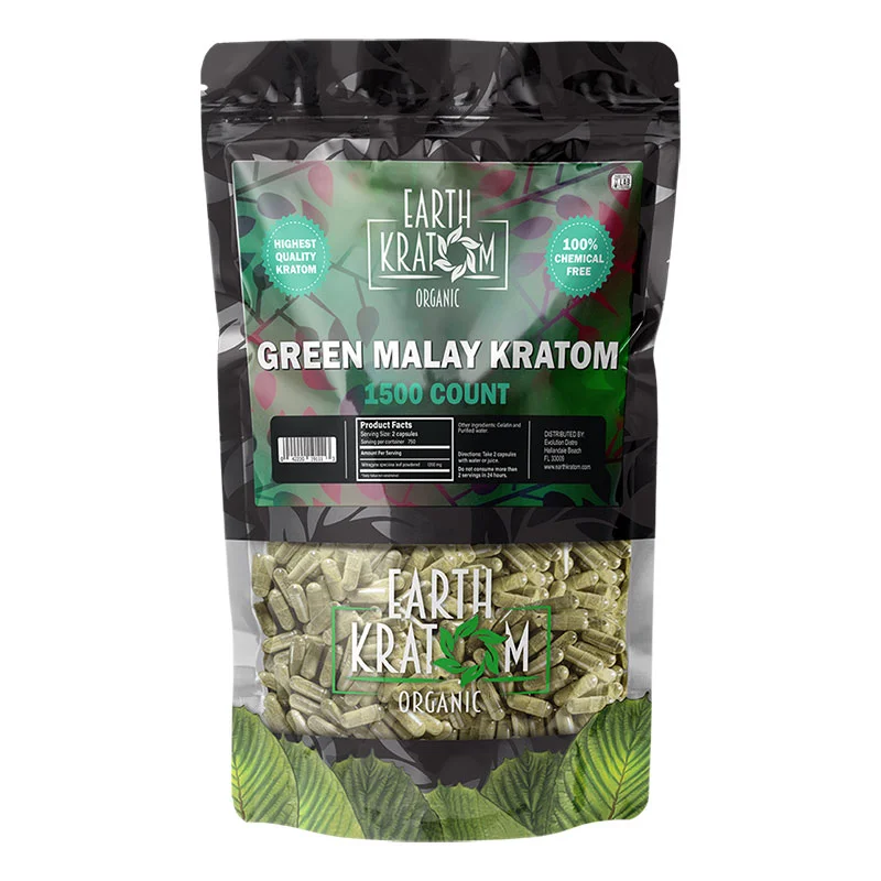 EARTH KRATOM Kratom Capsules 1500ct / Kilo Green Malay Kratom Capsules