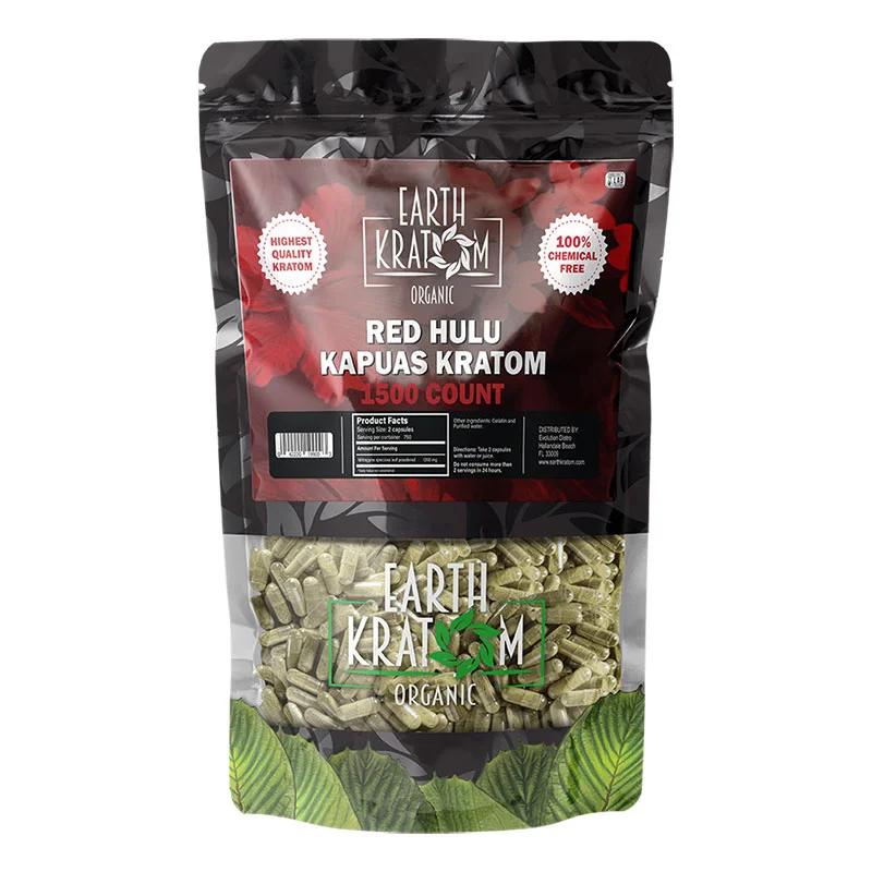 EARTH KRATOM Kratom Capsules 1500ct / Kilo Red Hulu Kratom Capsules