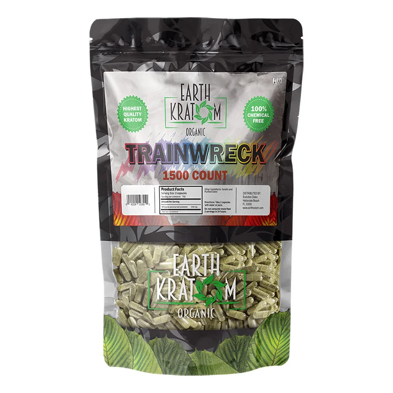 EARTH KRATOM Kratom Capsules 1500ct / Kilo Trainwreck Kratom Capsules