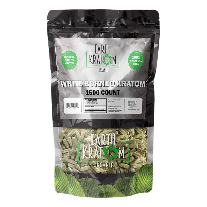EARTH KRATOM Kratom Capsules 1500ct / Kilo White Borneo Kratom Capsules