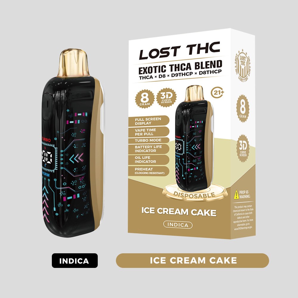 Lost THC LOST THC 3D CURVE SCREEN DISPOSABLE — 8G THCA LOST THC 3D CURVE SCREEN DISPOSABLE 8G THCA - Ice Cream Cake