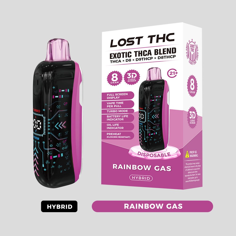 Lost THC LOST THC 3D CURVE SCREEN DISPOSABLE — 8G THCA LOST THC 3D CURVE SCREEN DISPOSABLE 8G THCA - Rainbow Gas